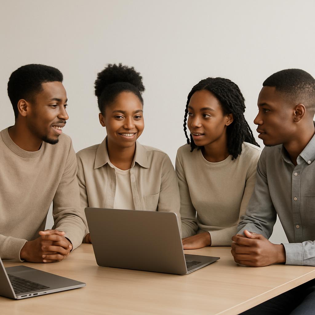 A person sitting with laptop and two others sitting on either side of them, all looking at laptop screen.