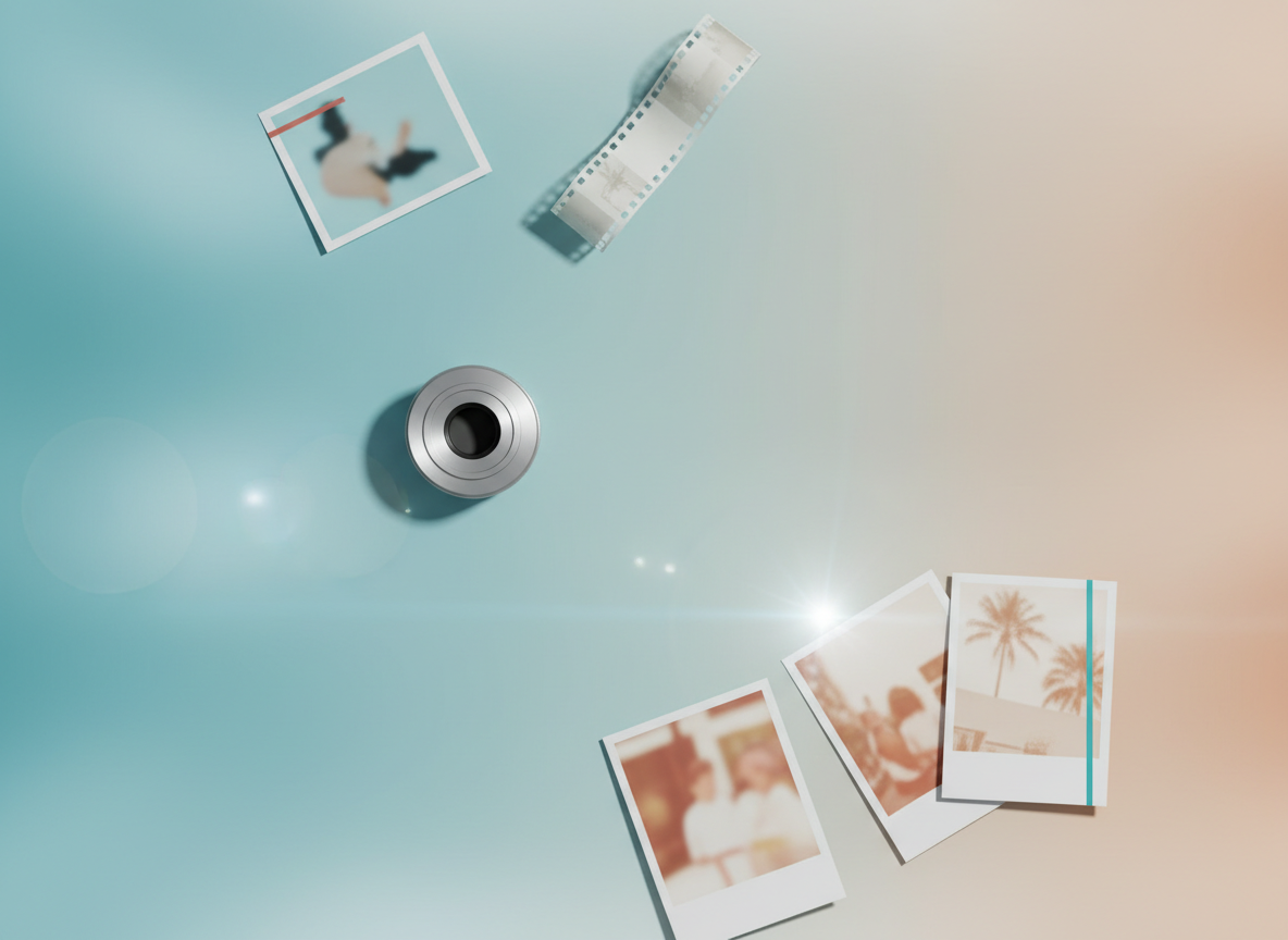 Abstract clean editorial background suggesting Bahamian media and community — soft turquoise ocean water meeting warm sunlit tones, subtle overhead flat-lay arrangement of a camera lens, film strip, and photographs